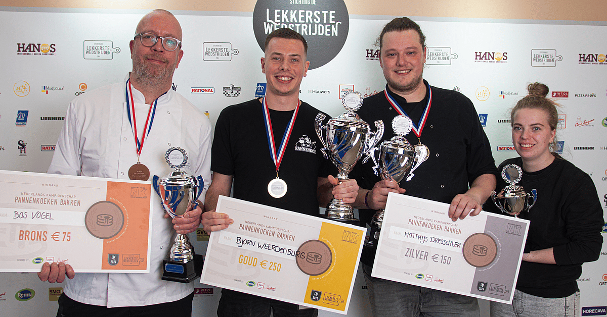 Winnaars NK Lekkerste Pannenkoek 2024: Bas Vogel, Bjorn Weerdenburg, Matthijs Dresschler en Sophie Pigmans