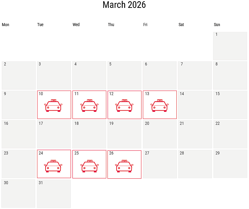 Calendar of busy periods at the RAI in March